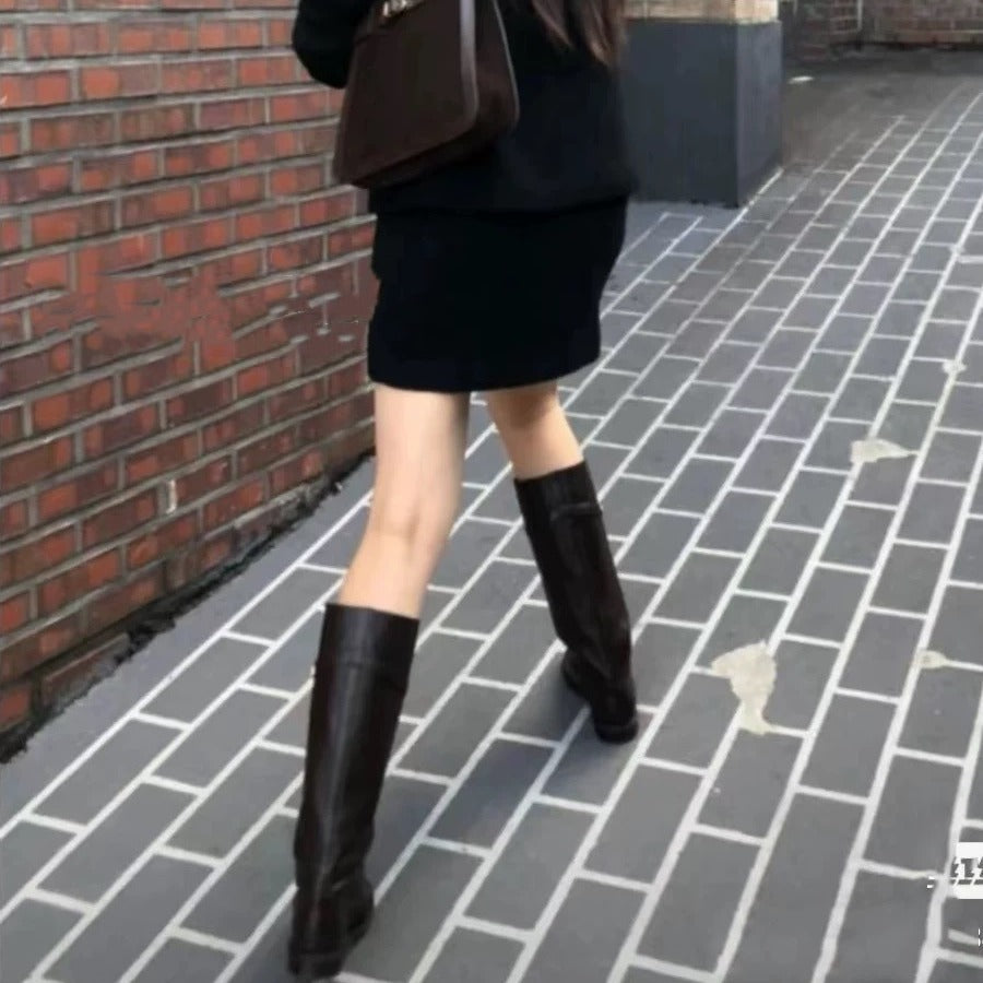 Women's Korean Style Handmade Thigh High Square Chunky Heels