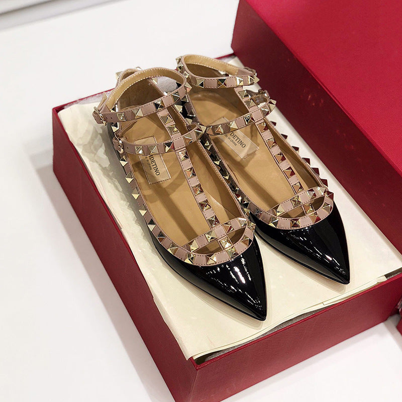 Women's V's Classic Rivet Flat Pointed Toe Shallow Mouth Strap Ballet Women's Fashion Shoes