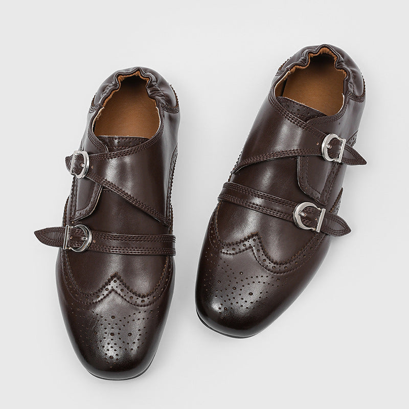 Men's Spring Round Toe Buckle Flat Brogue Nude Men's Shoes