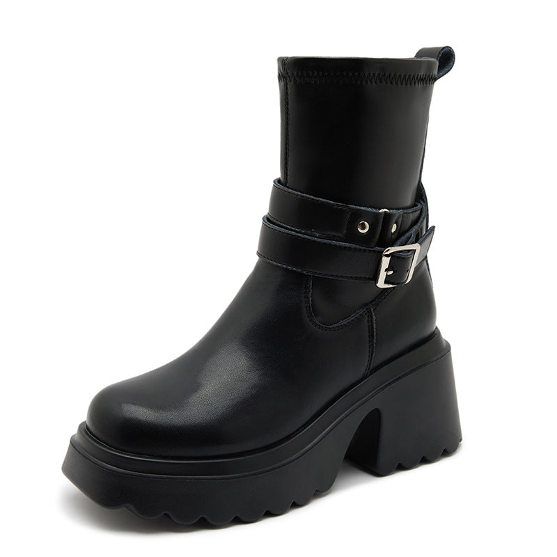 Women's For Height Increasing Skinny Belt Buckle Round Head Slip-on Boots