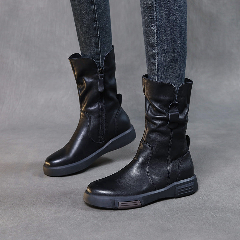 Women's Flat First Layer Cowhide Retro Round Boots