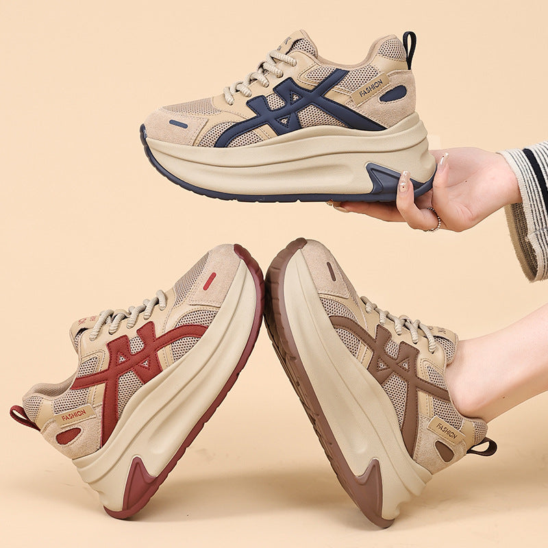 Women's Increasing Insole Mesh Platform Dad Lace Color Block Surface Small Women's Sports Shoes