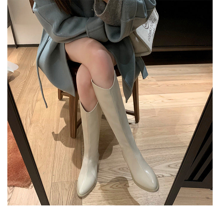 Long V Cut Milk Tea Brown Chunky Female Winter Small Women's Leather Boots