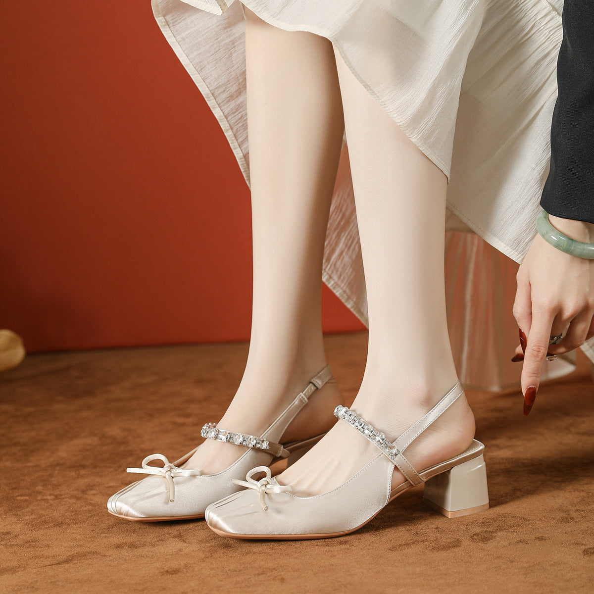 Women's Bow Rhinestones Strap Ballet Style Mary Jane Classic Heels