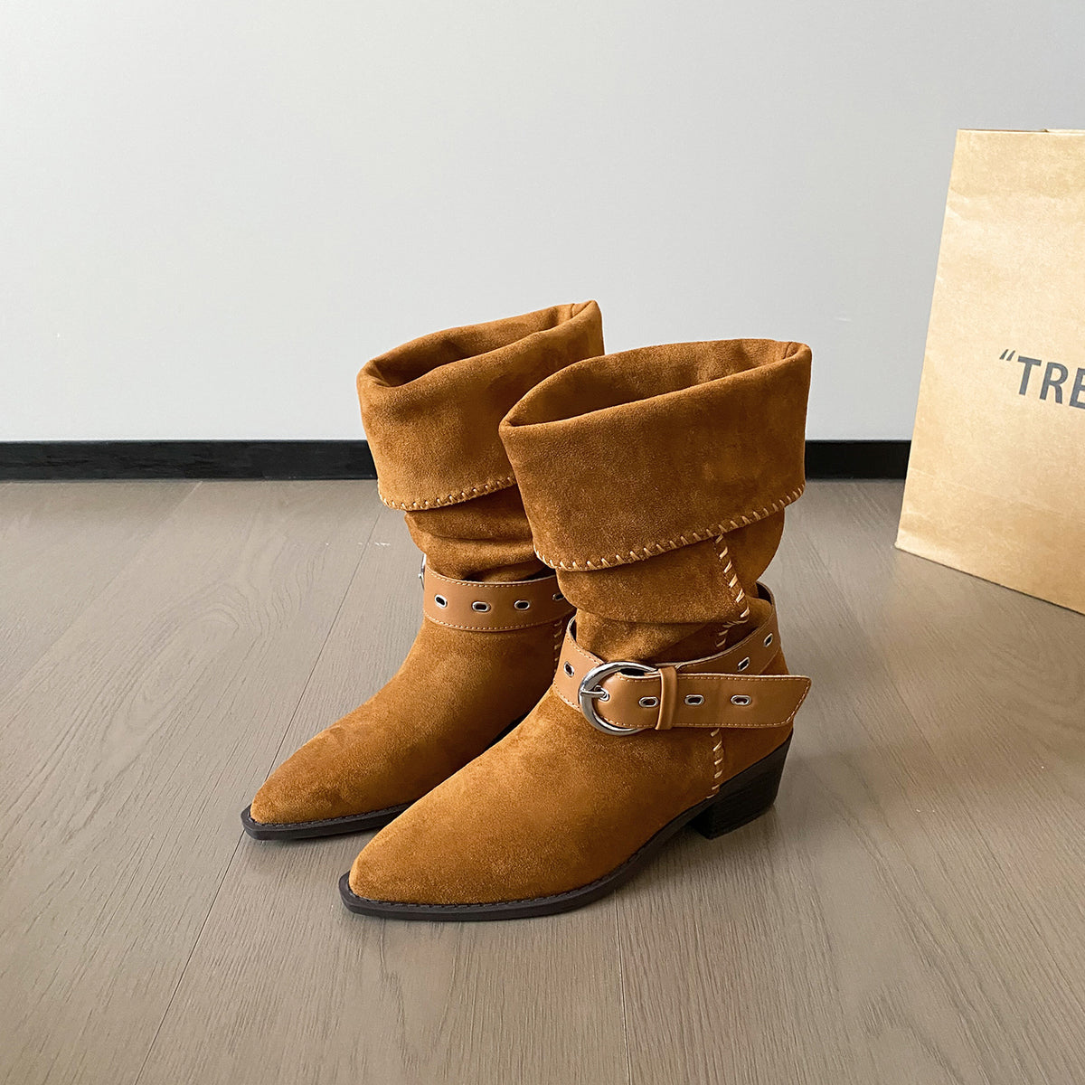 Suede Retro Length Knight Pleated Western Women's Leather Boots