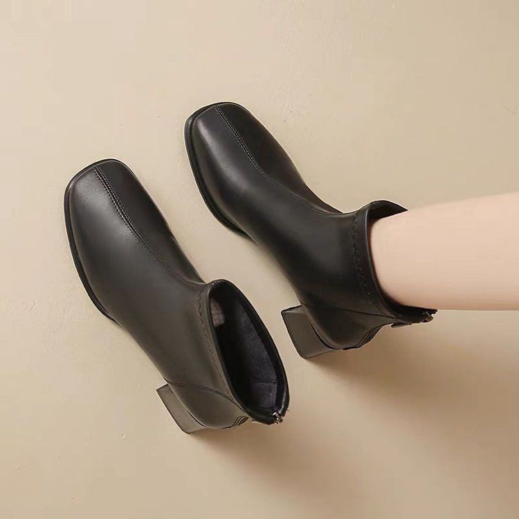 Women's Soft Chunky Short For Mid Martin Square Toe Small Ankle Women's Leather Boots