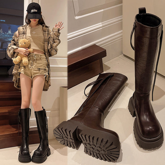Women's Bottom Below The Knee Fashion Fleece British Women's Leather Boots