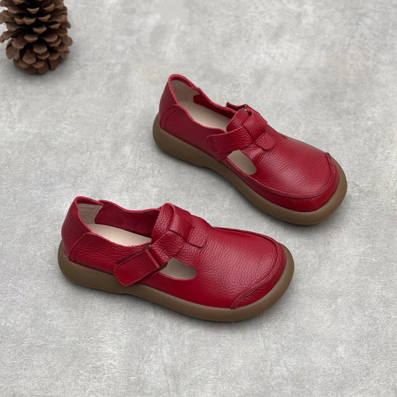 Women's Retro Handmade Round Head Velcro Slip-on Flat Cowhide Women's Casual Shoes
