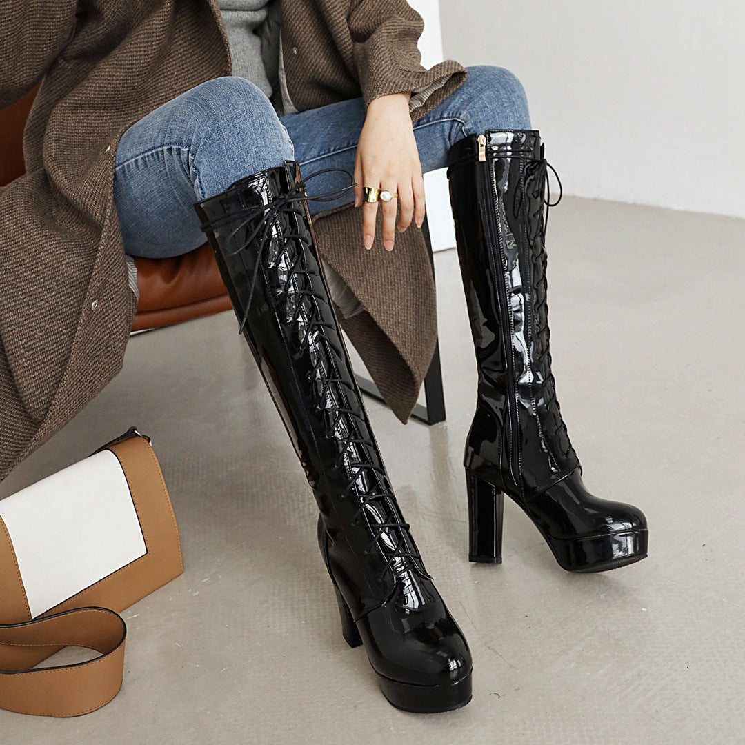 Women's Size Spring Waterproof Platform Thick High Women's Leather Boots