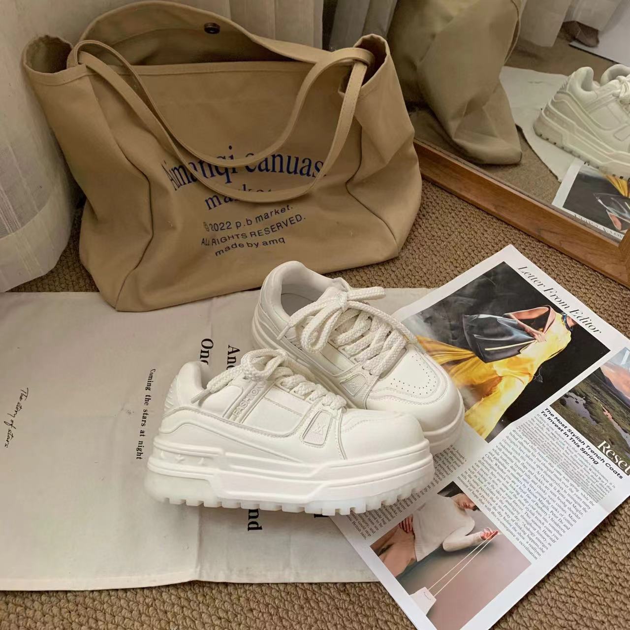 Women's Little Chubby V Home White Platform Height Increasing Four Sports Casual Shoes