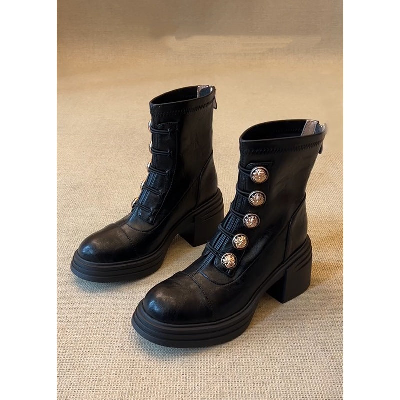 Women's Button Ankle Retro British Style High Stretch Skinny Women's Leather Boots