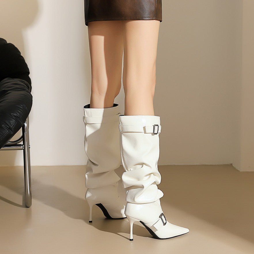 Women's Knee Pointed Toe Pleated Belt Buckle Pile Style Women's Leather Boots