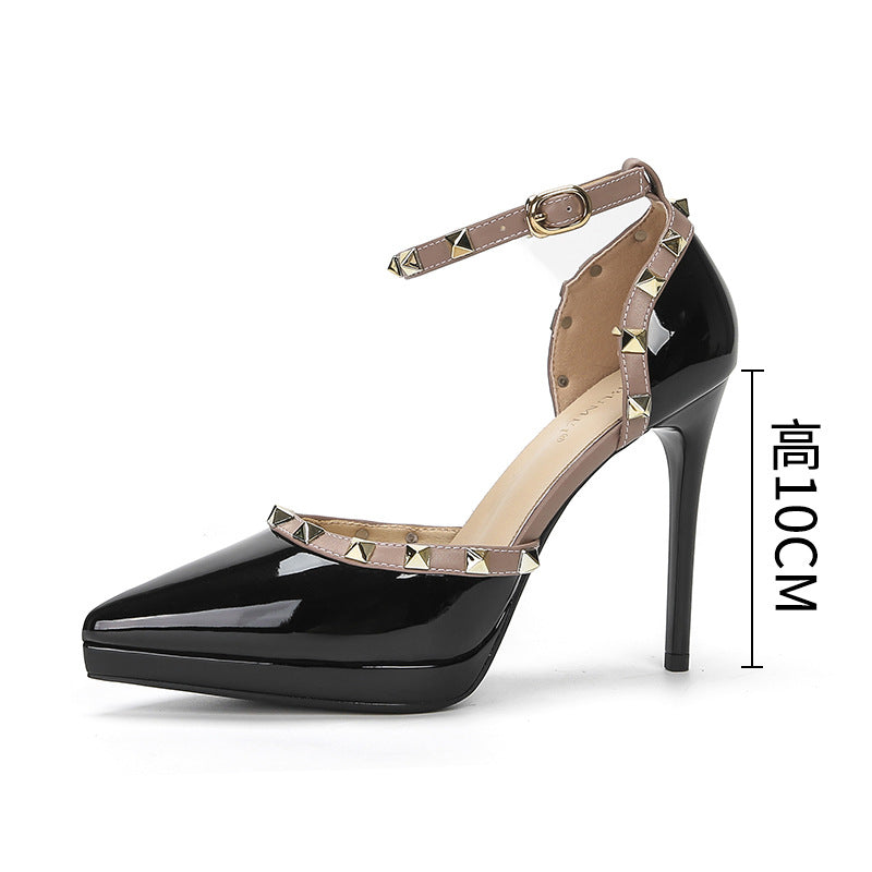 One-word Hollow High Pointed Toe Stiletto Rivet Waterproof Platform Not Heels
