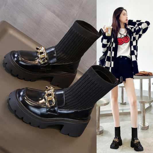 Women's Platform High Preppy Style Mary Jane Korean Chain British Leather Shoes