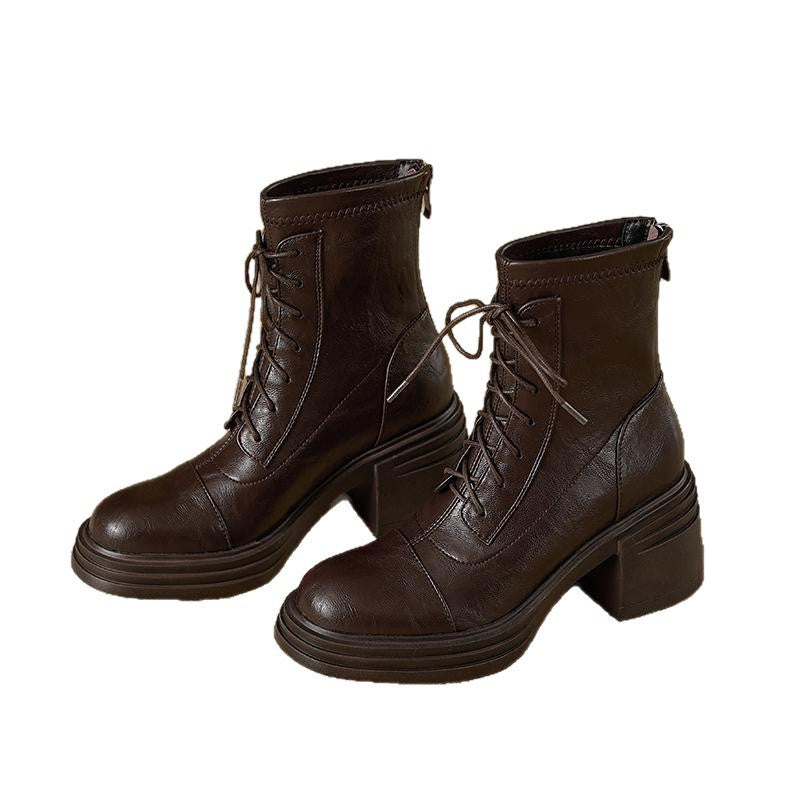 Thick Skinny Back Zip Platform Stretch Stitching Ankle Heels