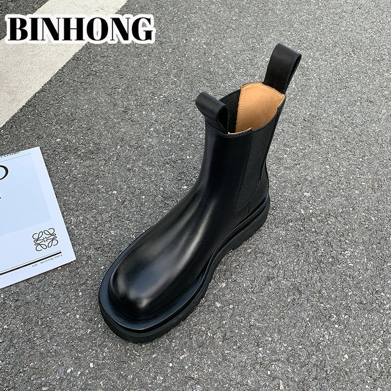 Women's Elevator Martin British Style Smoke Pipe Thick Women's Leather Boots