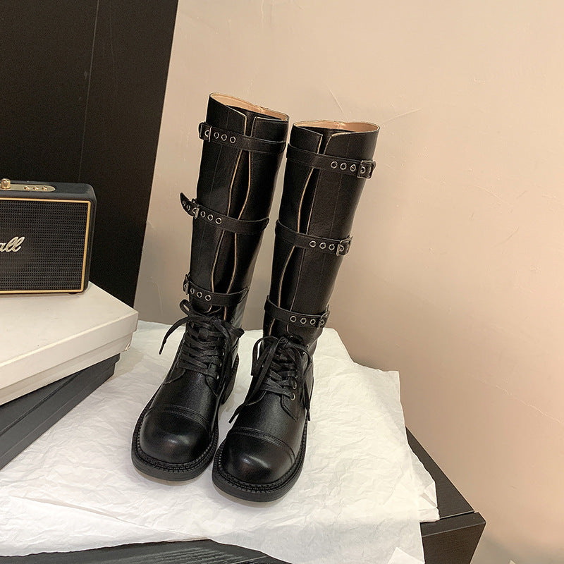 Women's French Past British Style Carving Round Toe Side Zipper Versatile Boots