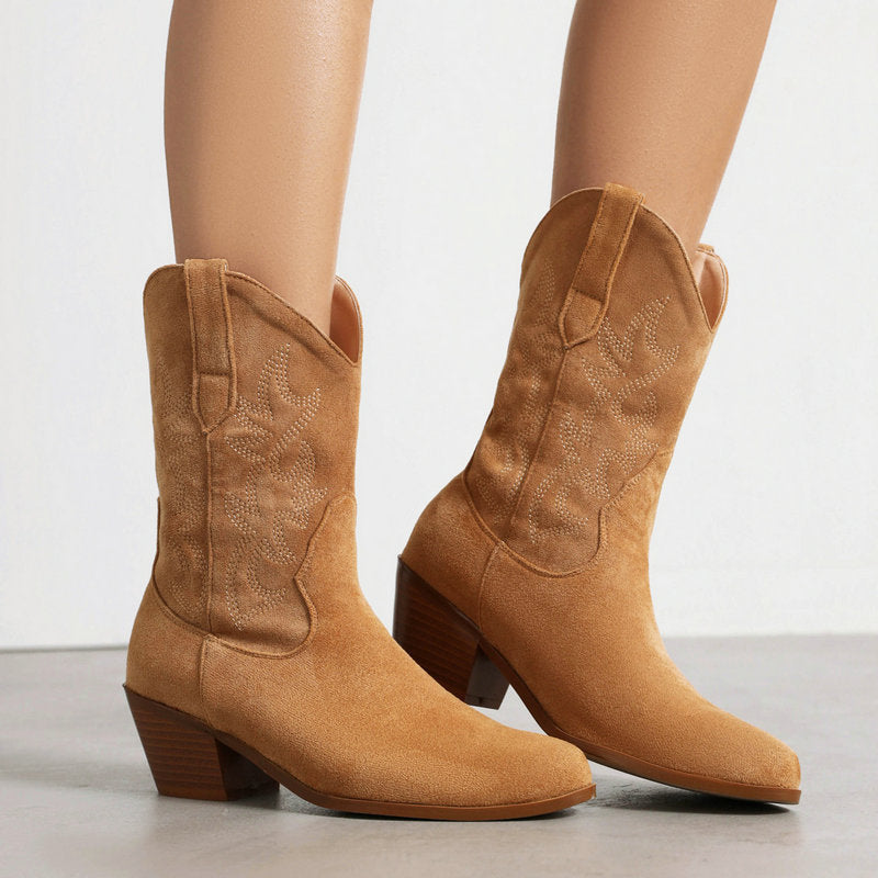 Women's Plus Size Vintage Embroidery Western Cowboy Chunky Round Boots