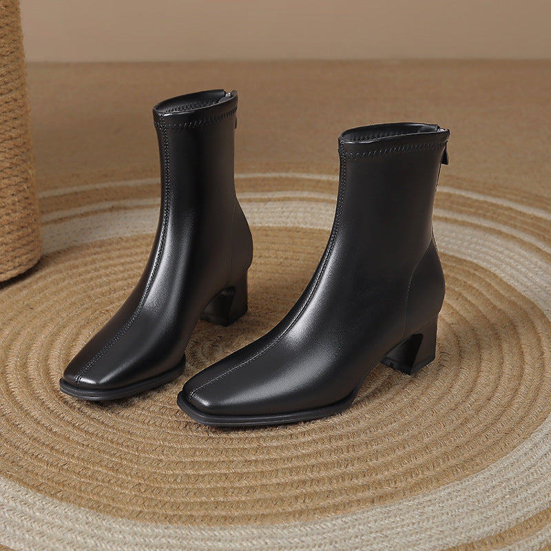 Women's Style Chunky Short Commuter Back Zipper Elastic Square Toe Boots