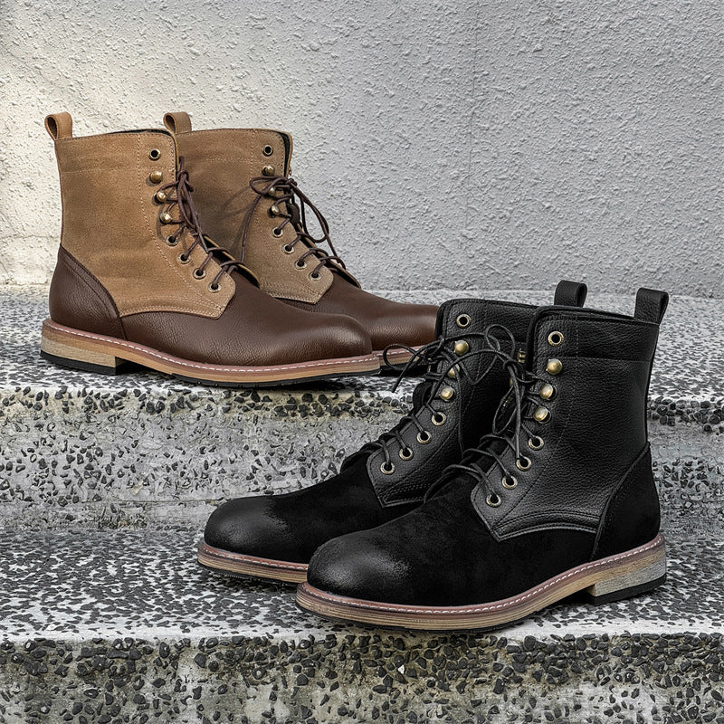 British Retro Platform Drawstring Patchwork Worker Boots