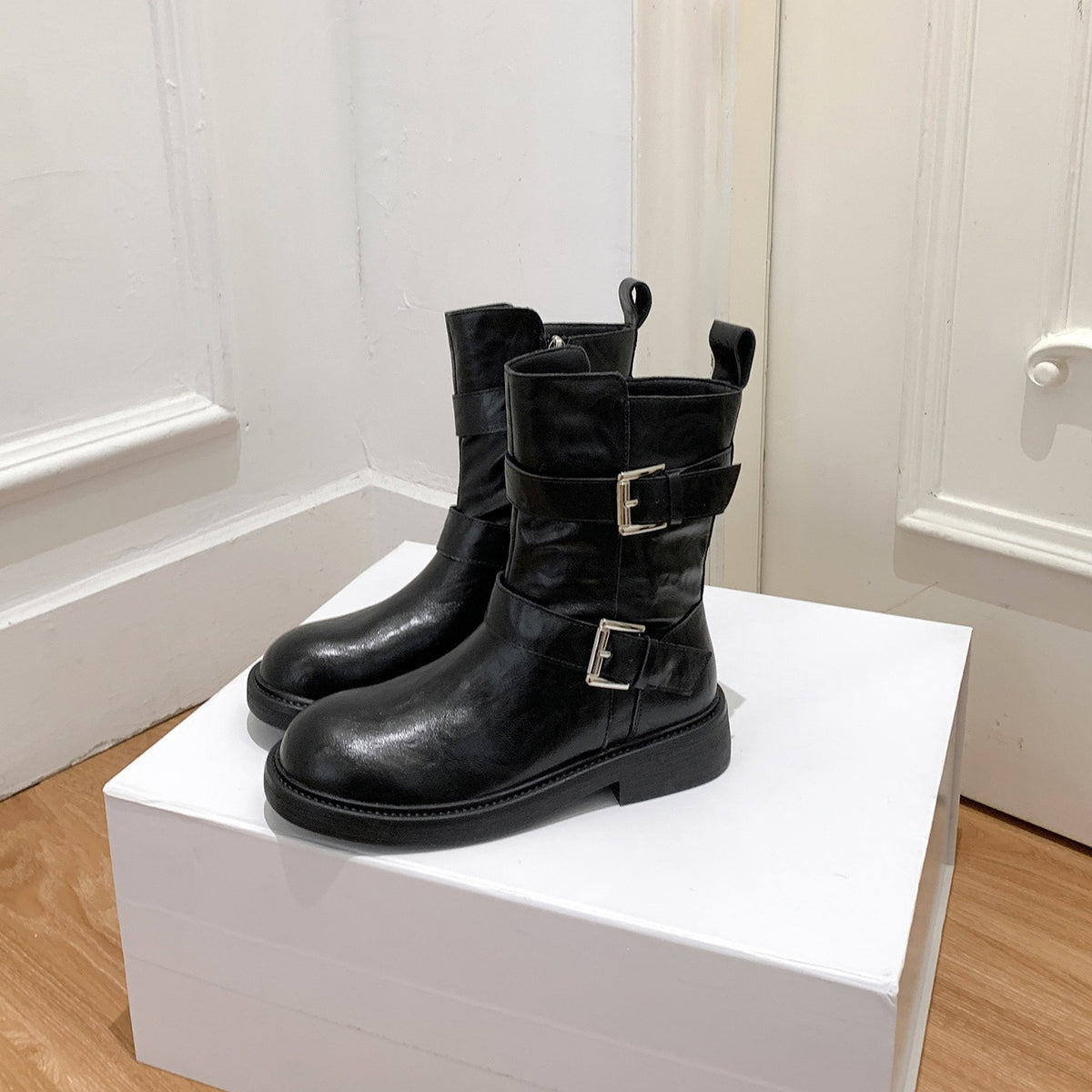 Double Buckle With Round Toe Side Zipper Thick Bottom Long Boots