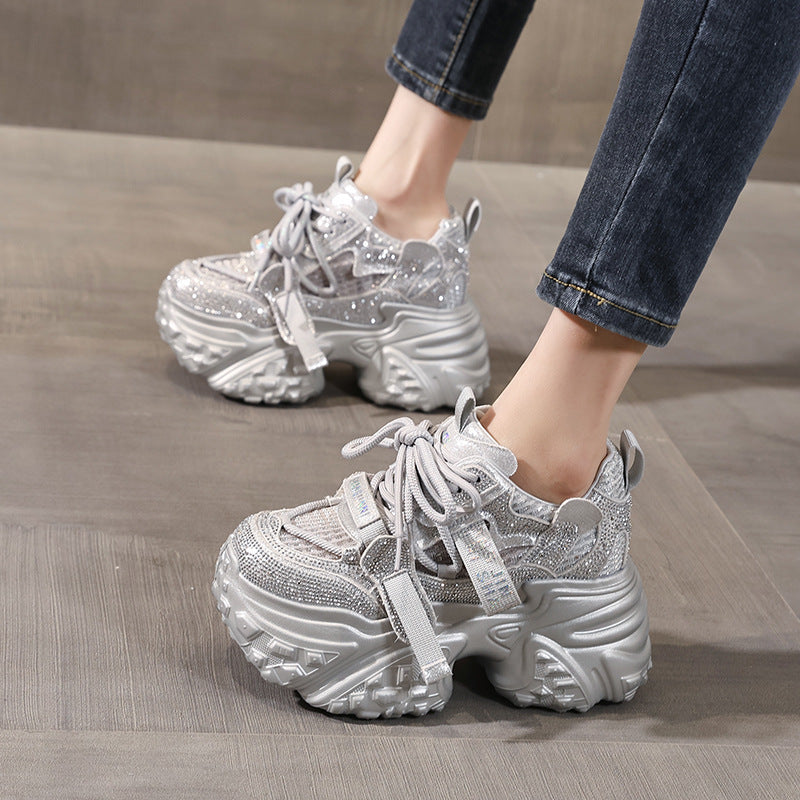 Women's Platform Height Increasing Insole Rhinestone Dad Casual Shoes