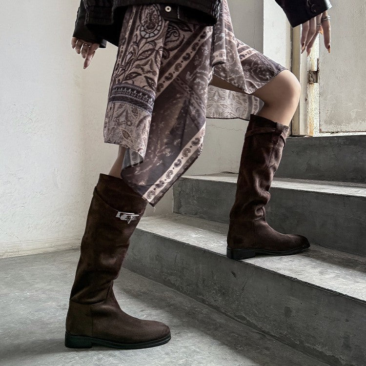 Oblique Lock Tall Knight Round Head Women's Leather Boots