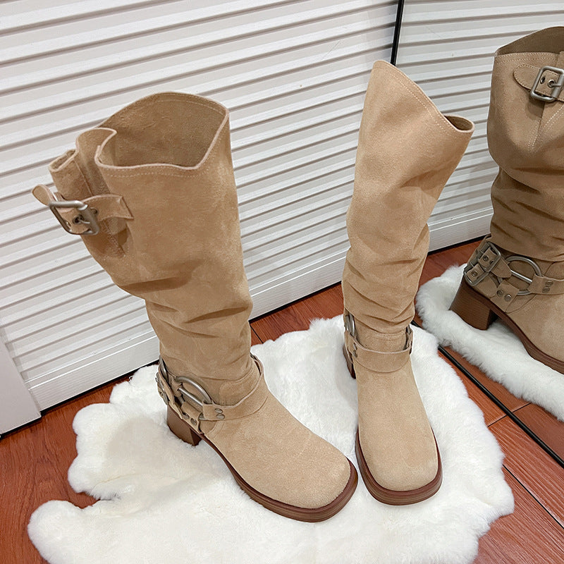 Long Female Chunky High Pile Style Western Cowboy Frosted Women's Leather Boots