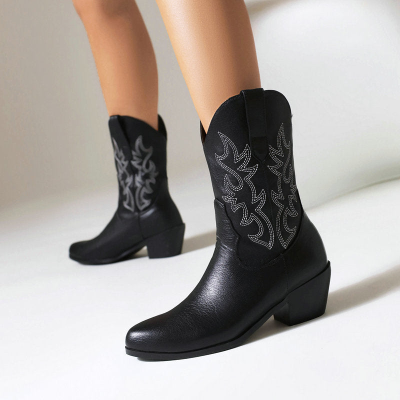 Women's Plus Size Vintage Embroidery Western Cowboy Chunky Round Boots