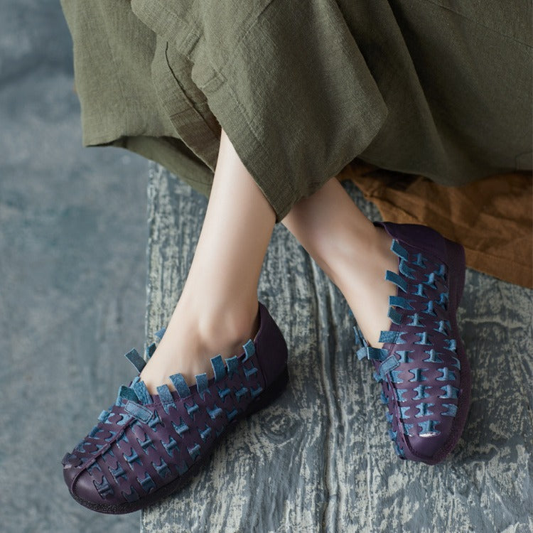 Women's Vintage Cowhide Hand-woven Soft Bottom Slip On Women's Casual Shoes