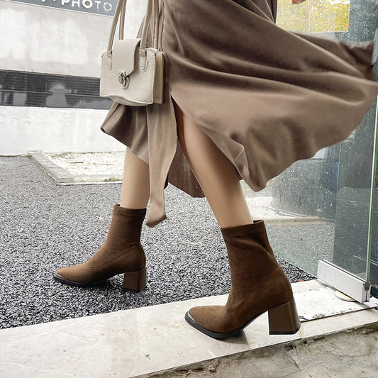 Women's Stitching Square Toe Booties Chunky High Skinny Joker Martin Boots