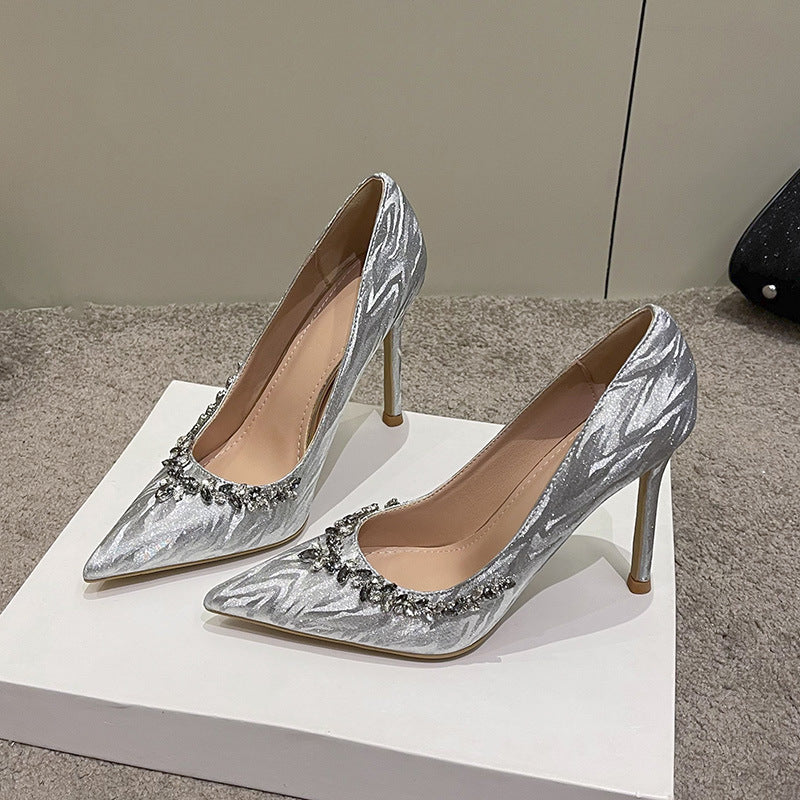Rhinestone Chain Champagne Temperament Wild Korean Style Bridal Heels