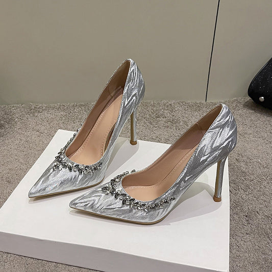 Rhinestone Chain Champagne Temperament Wild Korean Style Bridal Heels