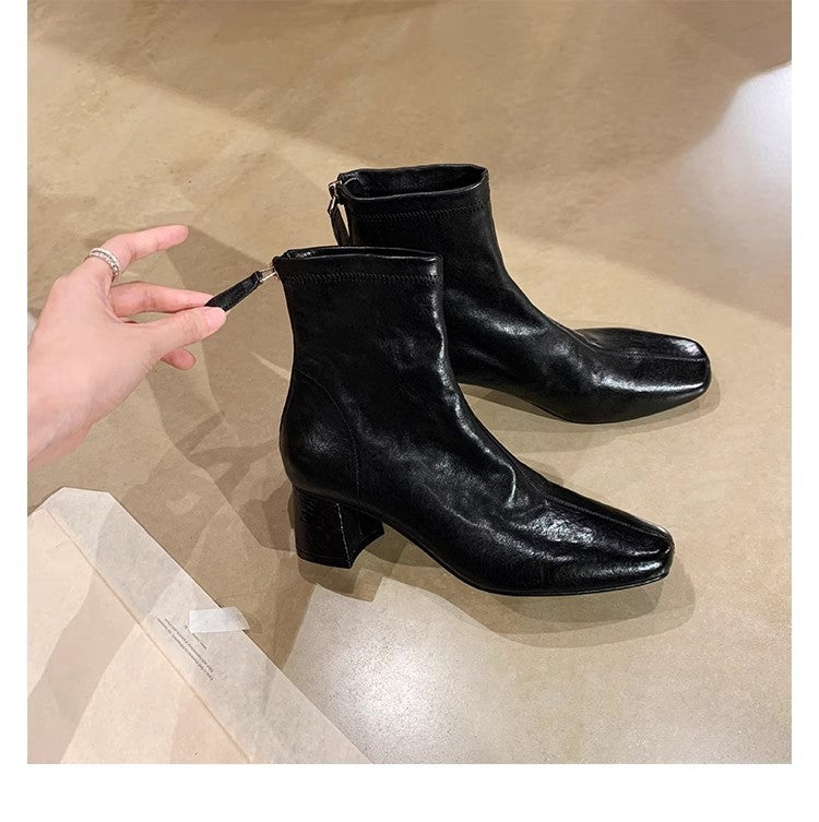 Women's French Style Square Toe Distressed Shrink Horse Slimming Chunky Women's Leather Boots