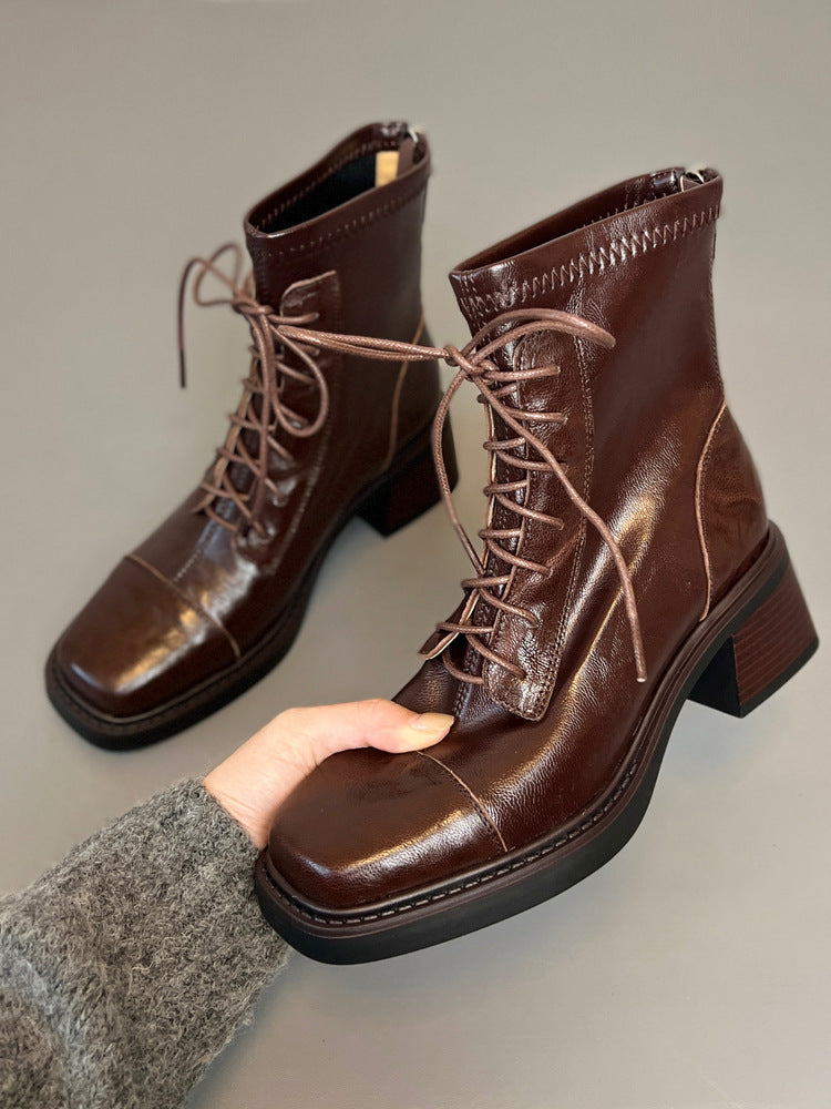 Version Martin Square Toe Chunky Short Waterproof Women's Leather Boots