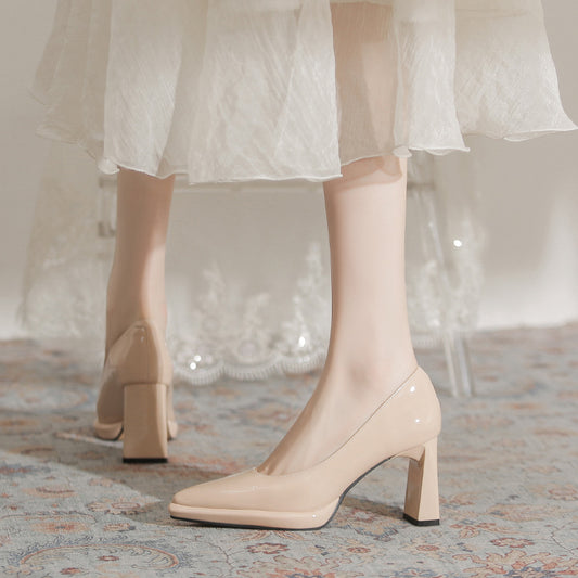 Women's Nude Waterproof Platform High Elegant Patent Chunky Barbie Heels
