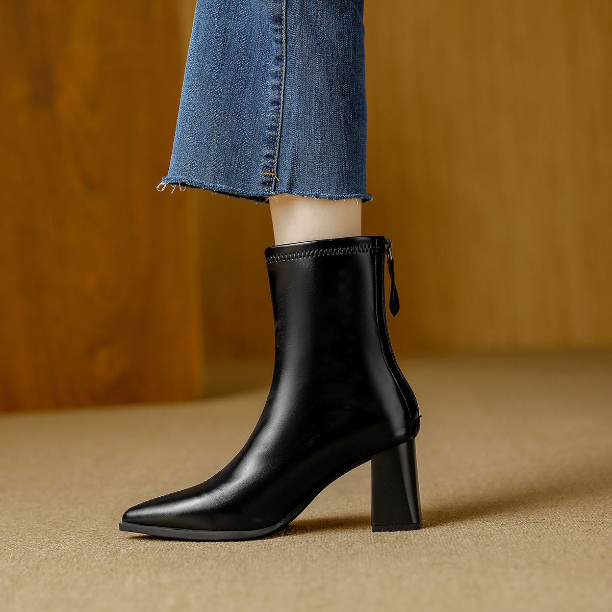 Women's Pointed Toe Chunky Booties Style Versatile Simple Back Zipper With Women's Leather Boots