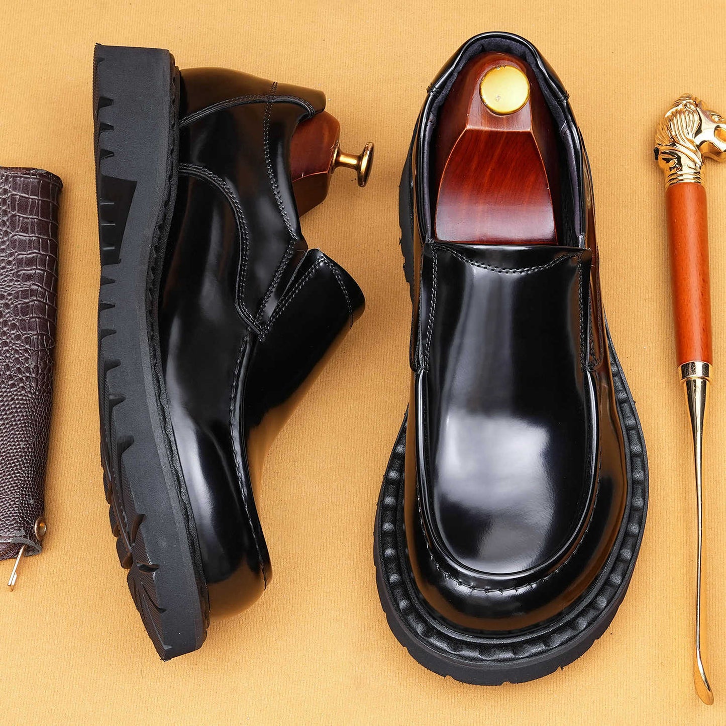 Men's Genuine England Style Glossy Slip-on Formal Wear Big Leather Shoes