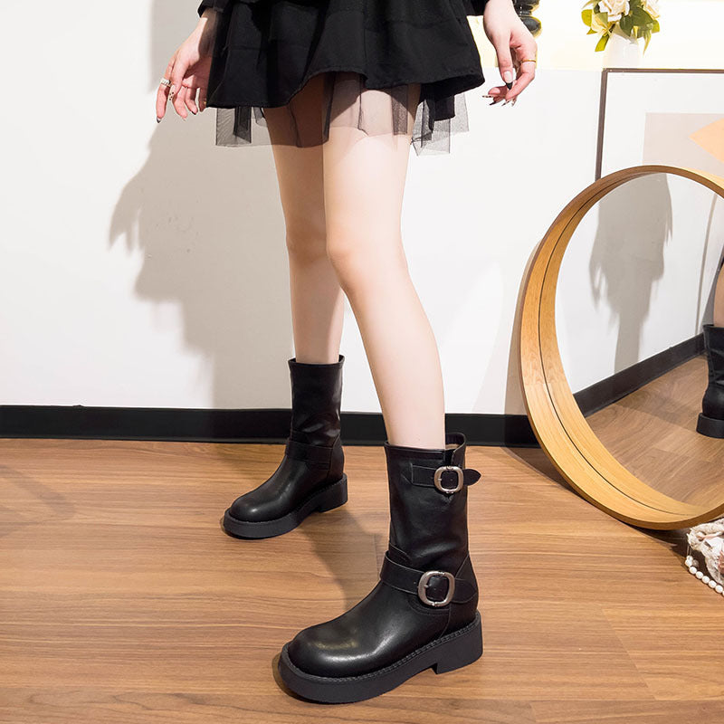 Women's Increasing Martin Retro Metal Buckle Round Head Boots