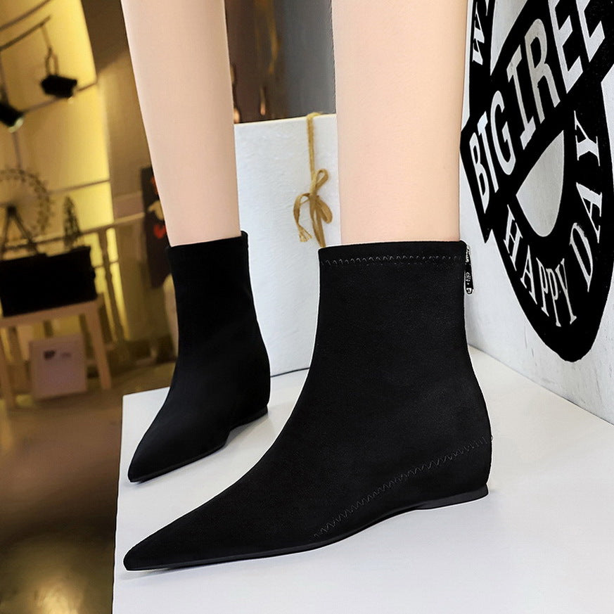 Women's Fashionable Simple Low Wedge Hidden Pointed Toe Pedicure Slimming Suede Boots
