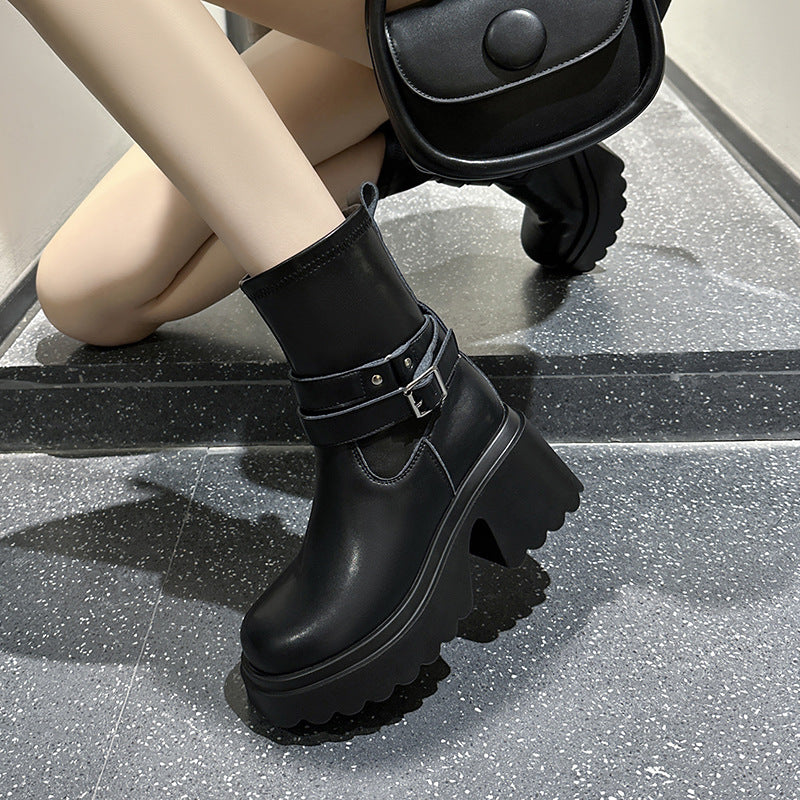 Women's For Height Increasing Skinny Belt Buckle Round Head Slip-on Boots