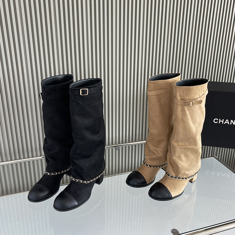 Chunky Knight Classic Style Round Toe High Leg Sleeve Women's Leather Boots
