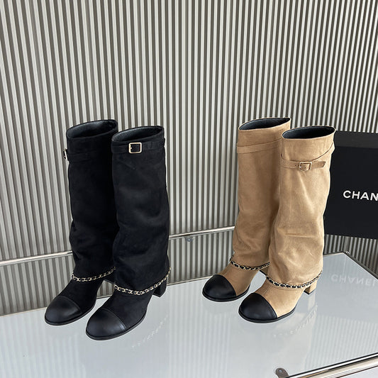 Chunky Knight Classic Style Round Toe High Leg Sleeve Women's Leather Boots