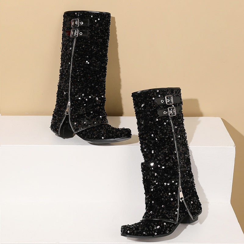Women's Sequined Zipper Assorted Colors Low High Women's Leather Boots