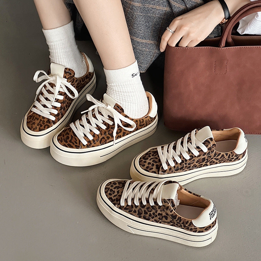 Women's Top Layer Cowhide Board Fashionable Leopard Print Fashion Women's Sports Shoes