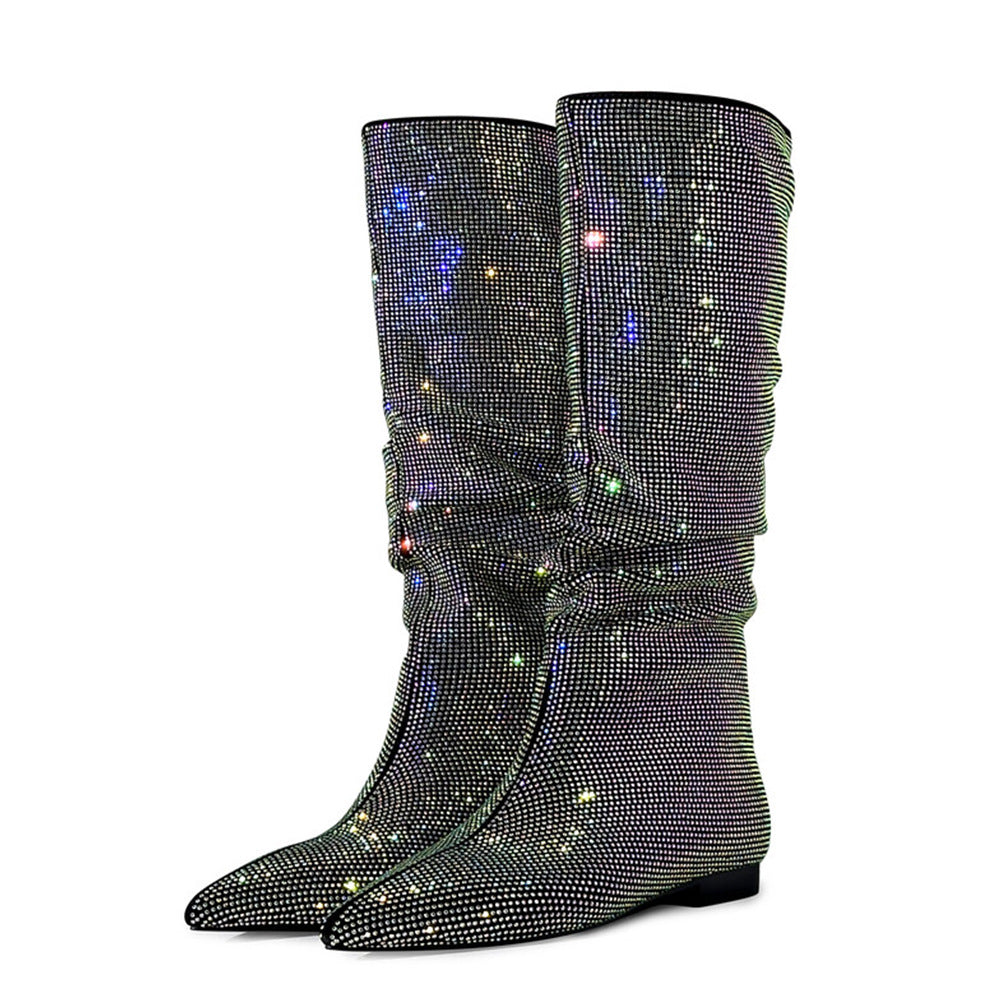 Toe Flat Bottom Rhinestone High Leg Winter Suede Stitching Sleeve Women's Leather Boots