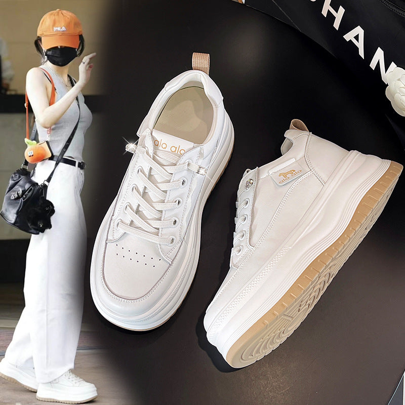 Women's White Spring Genuine Sports Skate Thick-soled Small Women's Casual Shoes