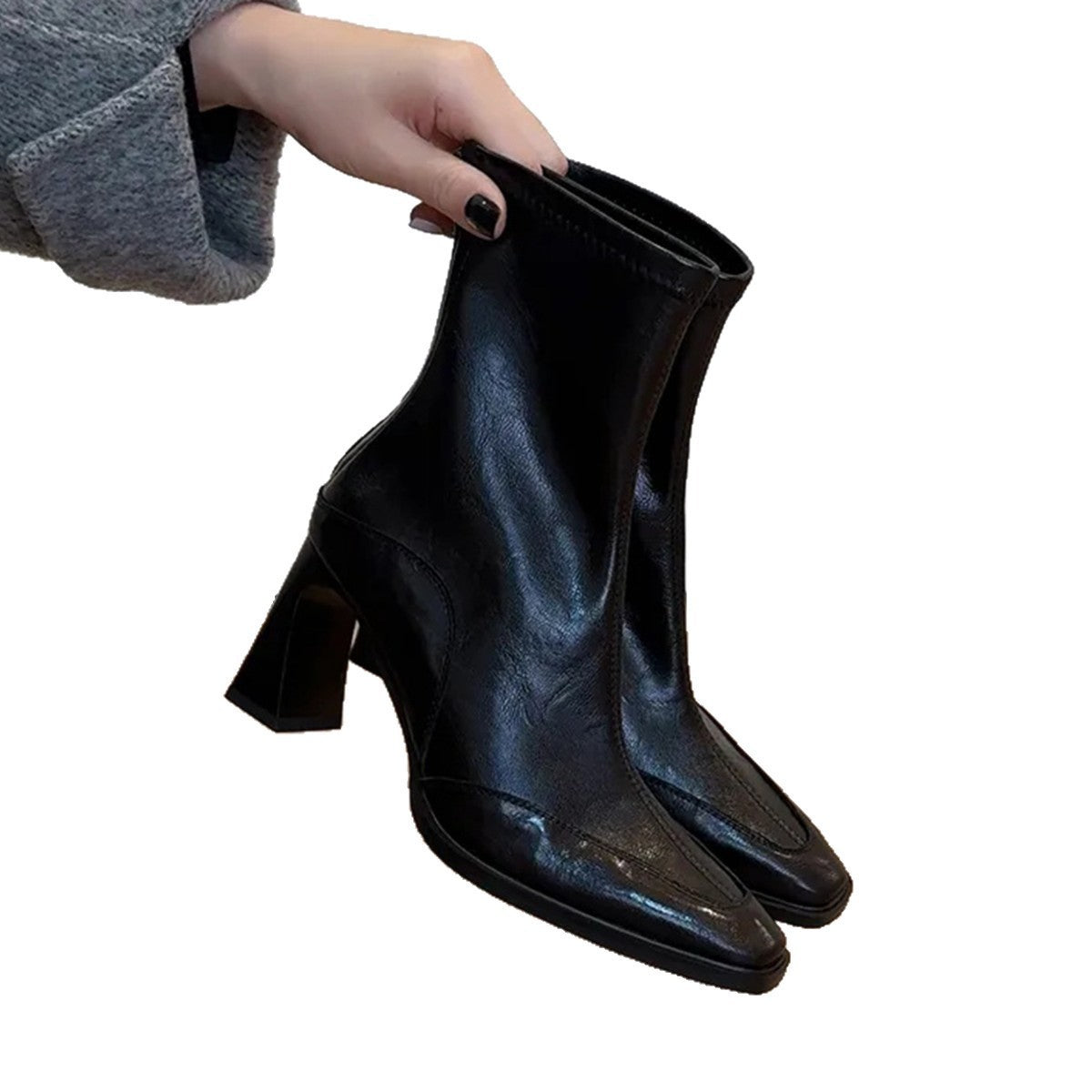 Women's Short For Square Toe Martin Black Chunky Women's Leather Boots