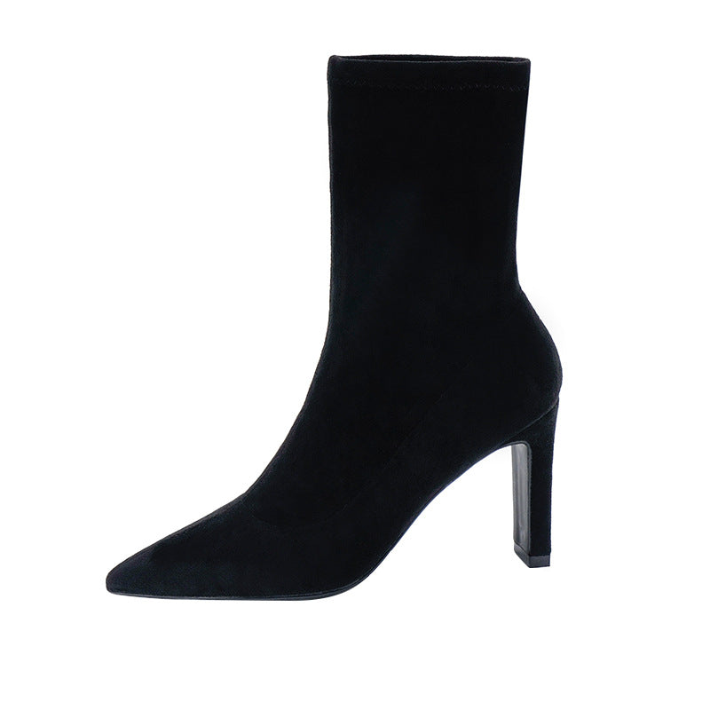 Elastic Booties Black Suede Thick Pointed Toe Boots