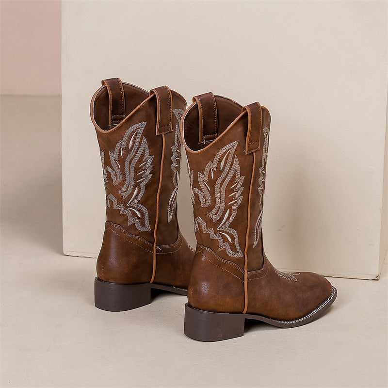 Women's Thick Bottom Chunky Cowboy Retro Stretch Women's Leather Boots